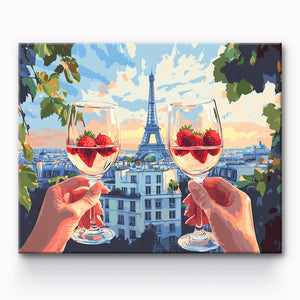 Cheers with Strawberry Drinks outside the Paris Tower Painting By Number 1