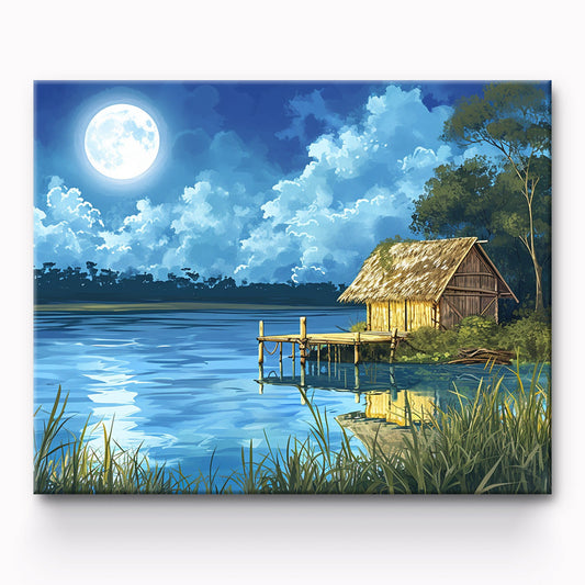 Lakeside Cabin by Moonlight Painting By Number 1