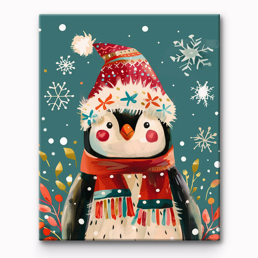 Cute Penguin With Christmas Hat Painting By Number 1