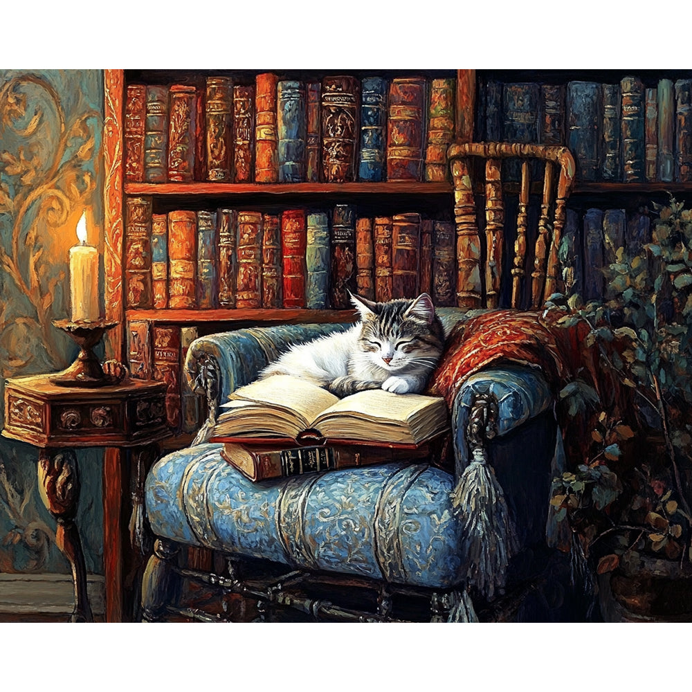 Cat Reading In Study Room Painting By Number 2