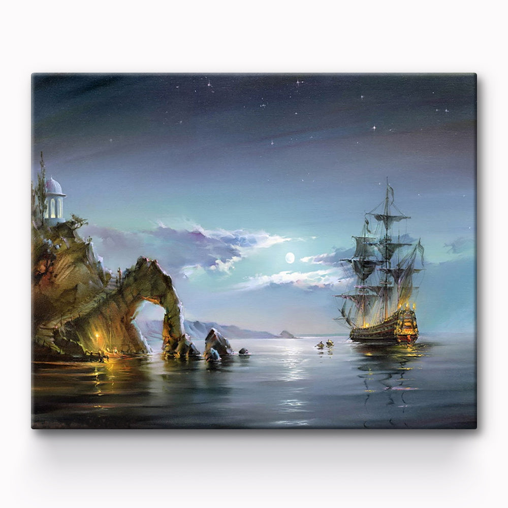 Canvas Boat In The Night Light Painting By Number 1