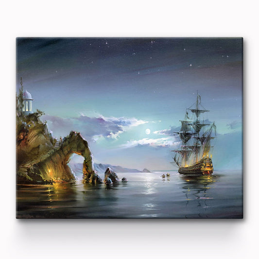 Canvas Boat In The Night Light Painting By Number 1