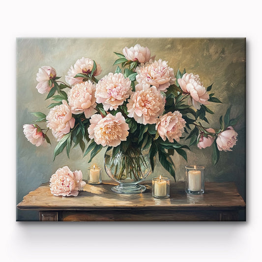 Peonies and Candles on Tabletop Painting By Number 1