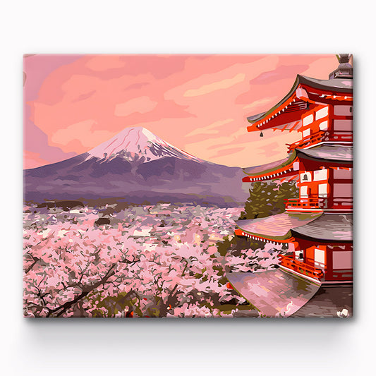 Cherry Blossoms Bloom Under Mount Fuji Painting By Number 1