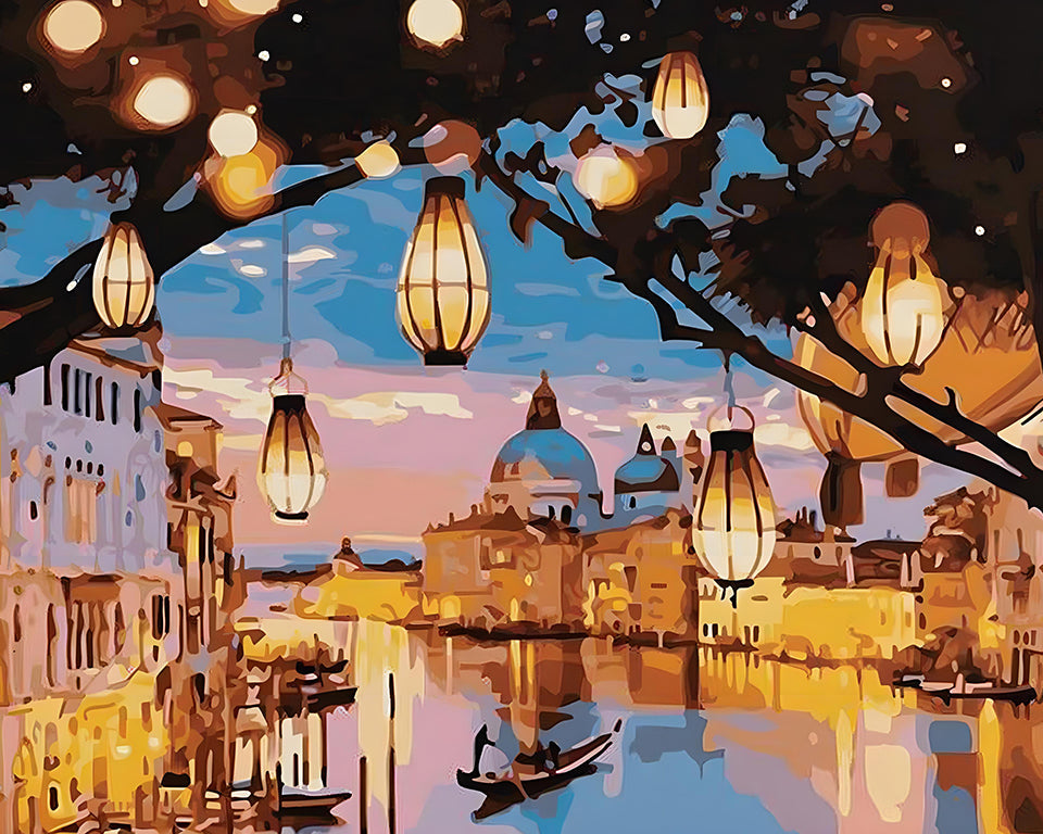 Lantern Boat By The River Painting By Number 2