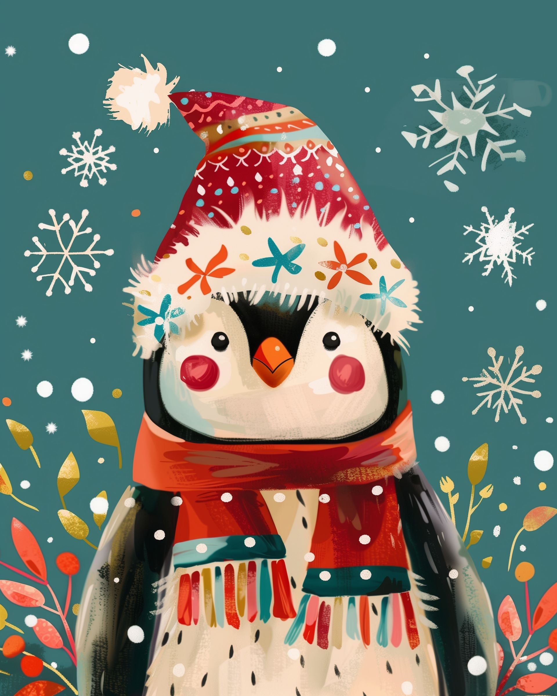 Cute Penguin With Christmas Hat Painting By Number 2