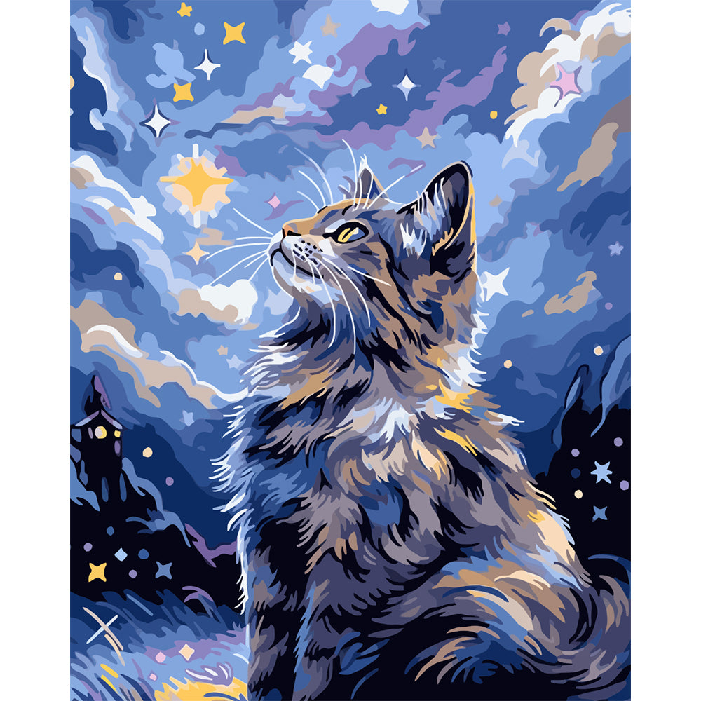 Cat Gazing at the Stars Painting By Number 2